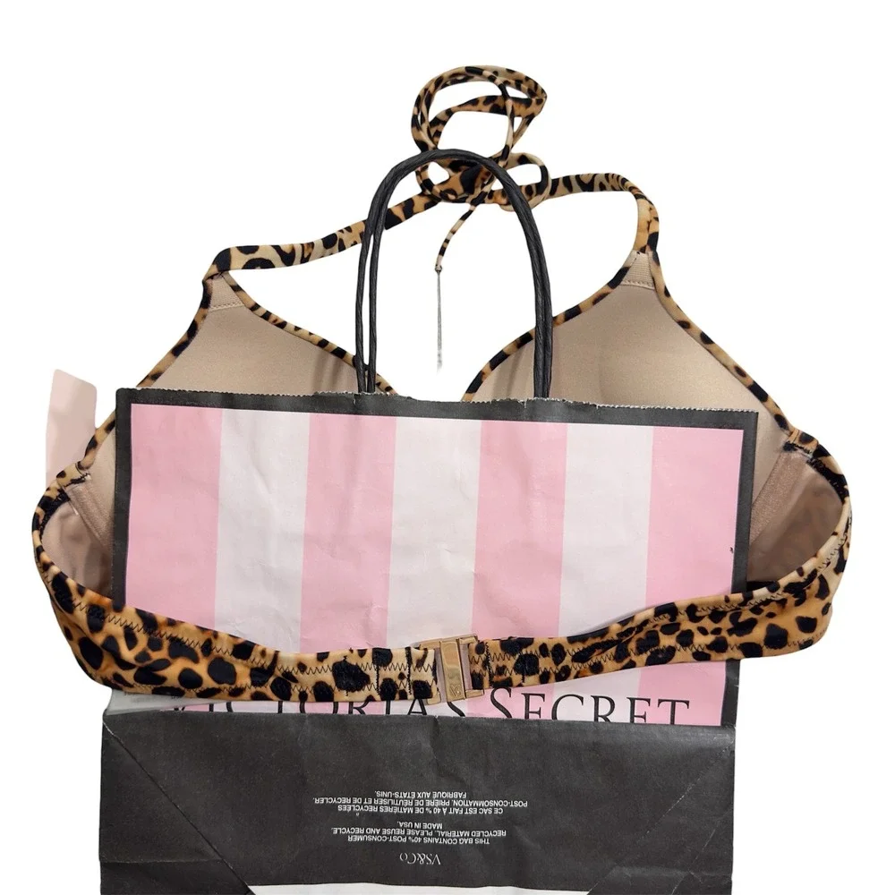 NEW VS Bombshell‎ Leopard Print Push Up Halter Bikini Top Gold Hardware 34A